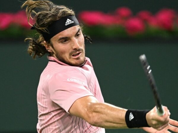 Stefanos Tsitsipas (GRE) hits a shot in his third round match during the BNP Paribas Open at the Indian Wells Tennis Garden.