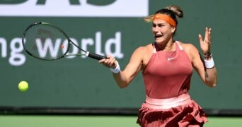 Aryna Sabalenka plays against Jasmine Paolini at the BNP Paribas open at the Indian Wells Tennis Garden.