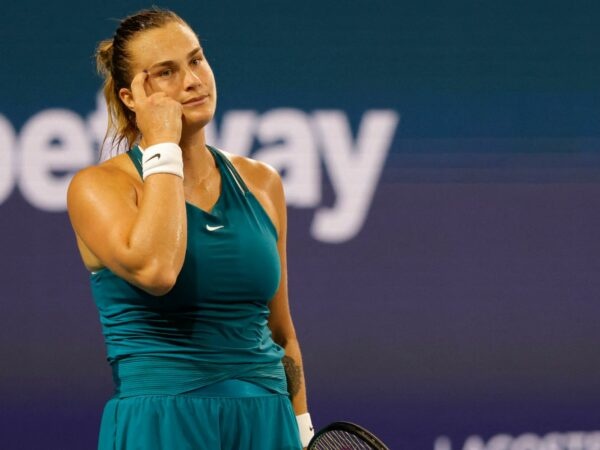 Aryna Sabalenka gestures after missing a shot during her second round women's singles match in the Miami Open at Hard Rock Stadium.