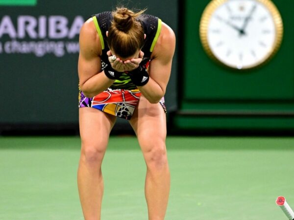 Maria Sakkari (GRE) is overcome with emotion after defeating Paula Badosa (ESP) in her semifinal match during the BNP Paribas Open at the Indian Wells Tennis Garden.