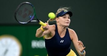 Dayana Yastremska (UKR) hits a shot during her first round match against Caroline Garcia (not pictured) at the BNP Paribas Open at Indian Wells Tennis Garden.