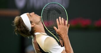 Alexander Zverev (GER) reacts after missing a point in his second round match against Tommy Paul (USA) at the BNP Paribas Open at the Indian Wells Tennis Garden.