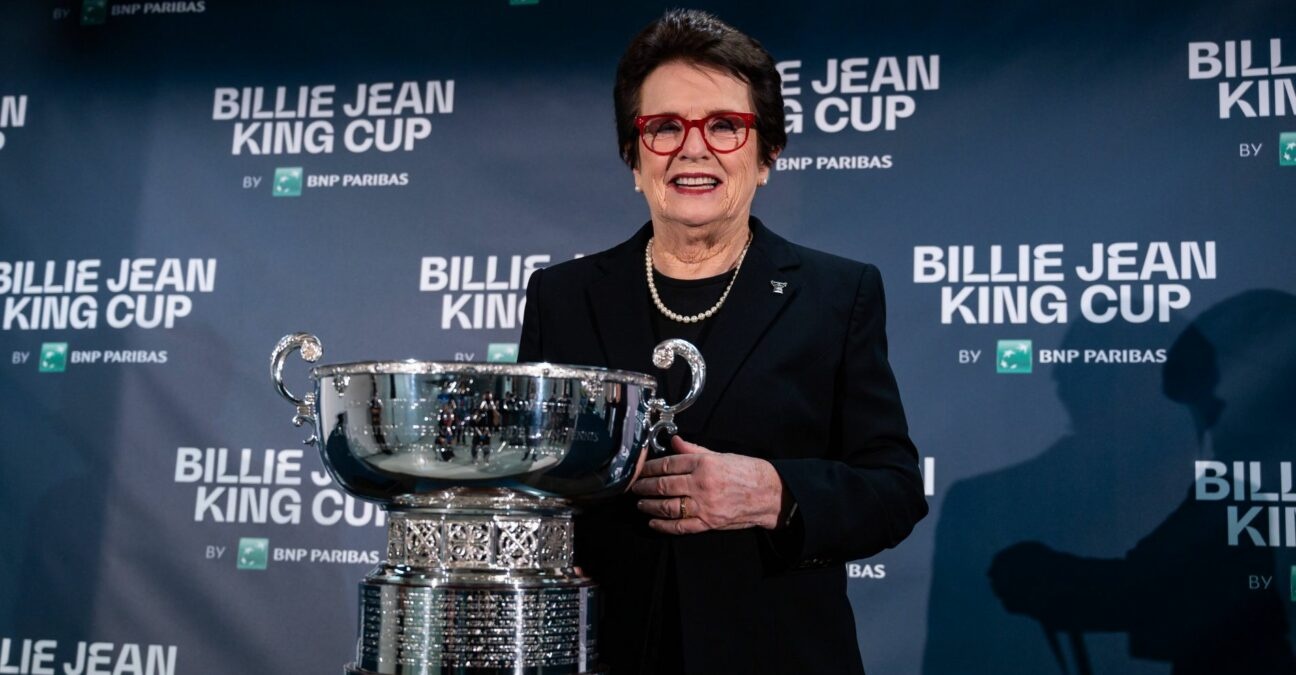 Tennis legend Billie Jean King with the trophy for the Billie Jean King Cup Finals