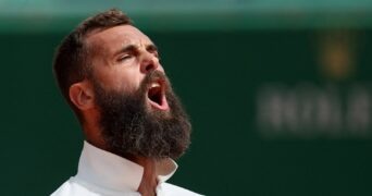 France's Benoit Paire reacts during his first-round match against Italy's Lorenzo Musetti at the Rolex Monte-Carlo Masters