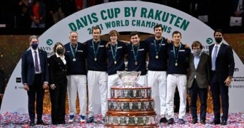 The winning Russian team with the trophy at the 2021 Davis Cup Finals in Madrid