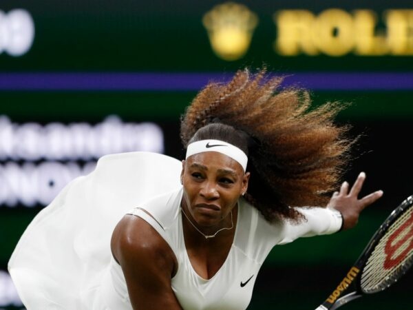 Serena Williams of the U.S. in action during her first round match at Wimbledon 2021