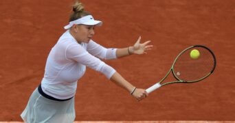 Amanda Anisimova of the U.S. in action during her third round match against Czech Republic's Karolina Muchova at the French Open