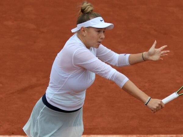 Amanda Anisimova of the U.S. in action during her third round match against Czech Republic's Karolina Muchova at the French Open