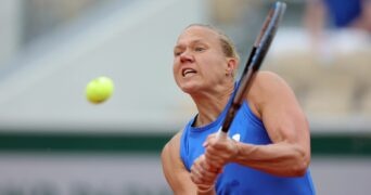 Estonia's Kaia Kanepi in action during her first round match against Spain's Garbine Muguruza at Roland-Garros