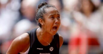 Leylah Annie Fernandez reacts during her third round match against Belinda Bencic