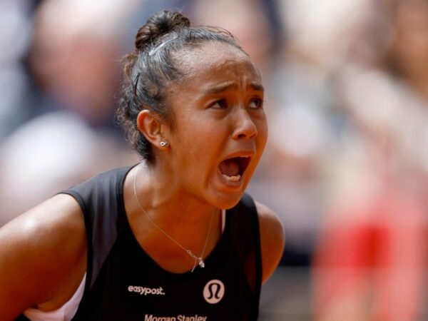 Leylah Annie Fernandez reacts during her third round match against Belinda Bencic