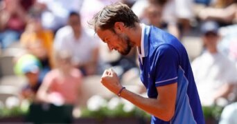 Russia's Daniil Medvedev celebrates after winning his third round match against Serbia's Miomir Kecmanovic at the French Open