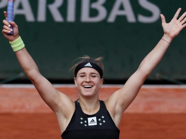 Czech Republic's Karolina Muchova celebrates winning her second round match against Greece's Maria Sakkari