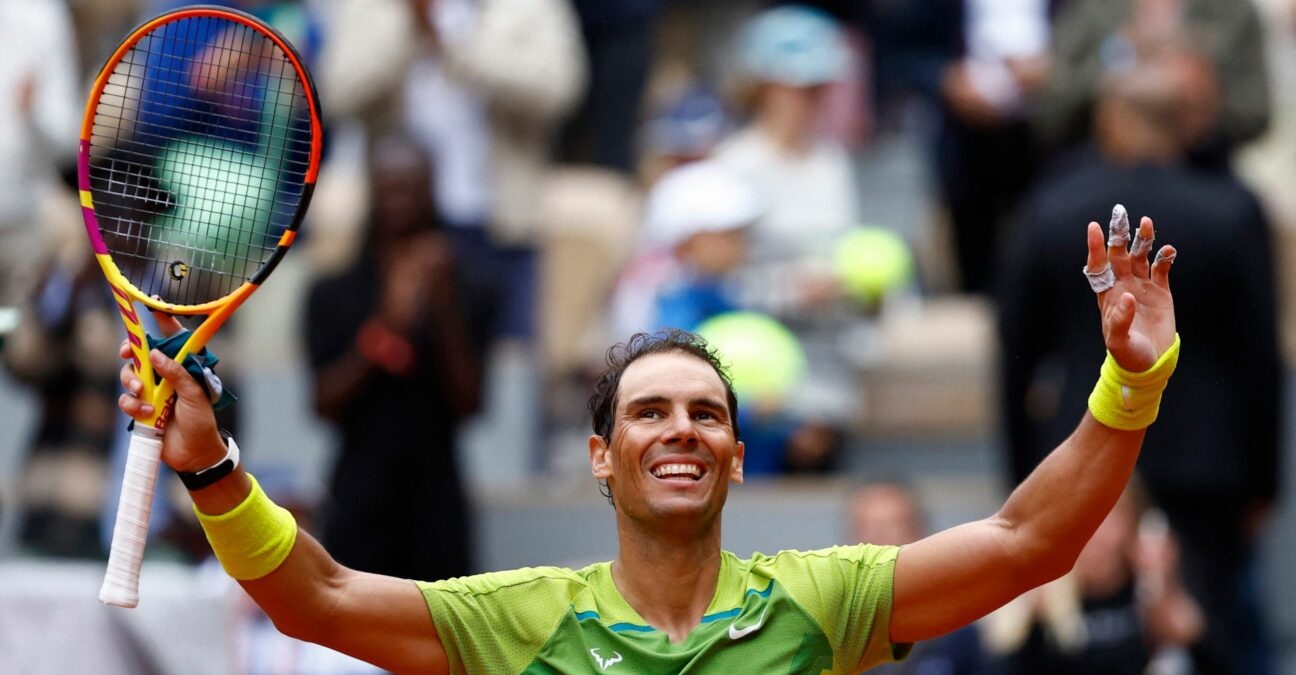 Spain's Rafael Nadal celebrates after winning his first round match against Australia's Jordan Thompson at the French Open