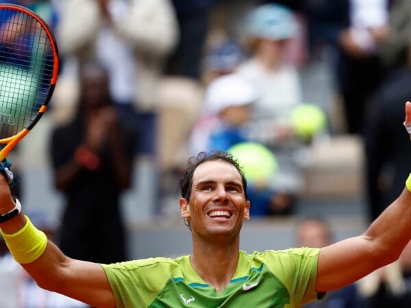 Spain's Rafael Nadal celebrates after winning his first round match against Australia's Jordan Thompson at the French Open