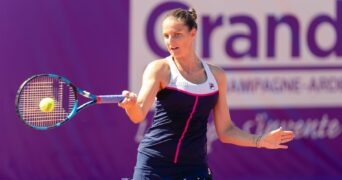 Karolina Pliskova in action during her Round of 16 Singles match of the 2022 Strasbourg Internationals