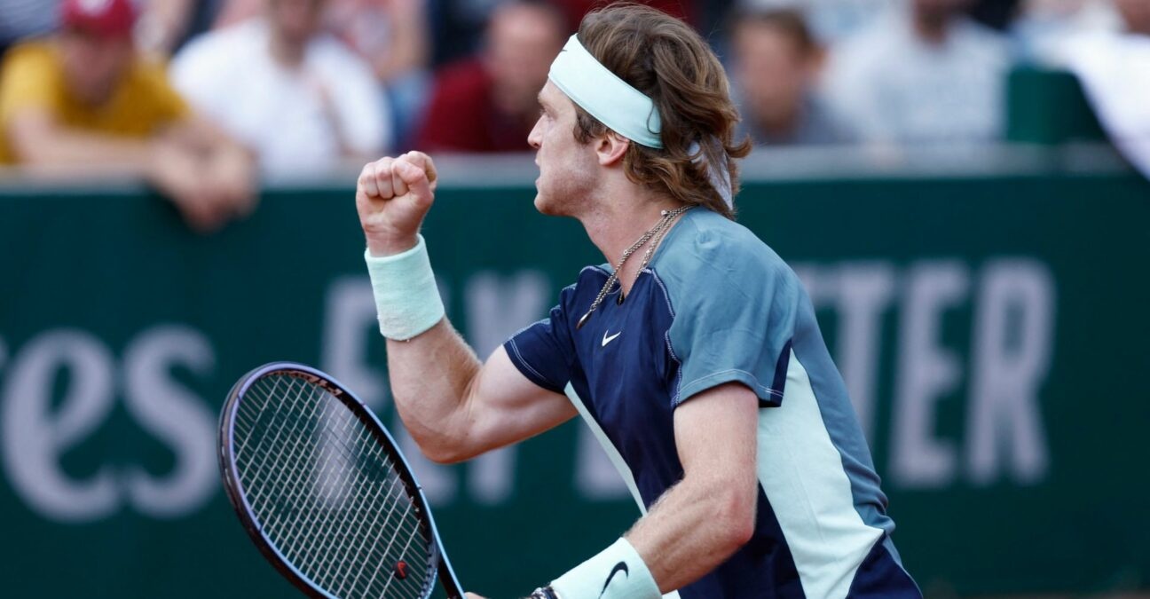 Russia's Andrey Rublev reacts during his third round match against Chile's Cristian Garin at the French Open
