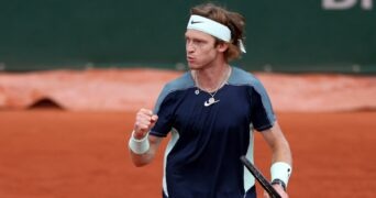 Russia's Andrey Rublev in action during his first round match against South Korea's Kwon Soon-woo at Roland Garros 2022