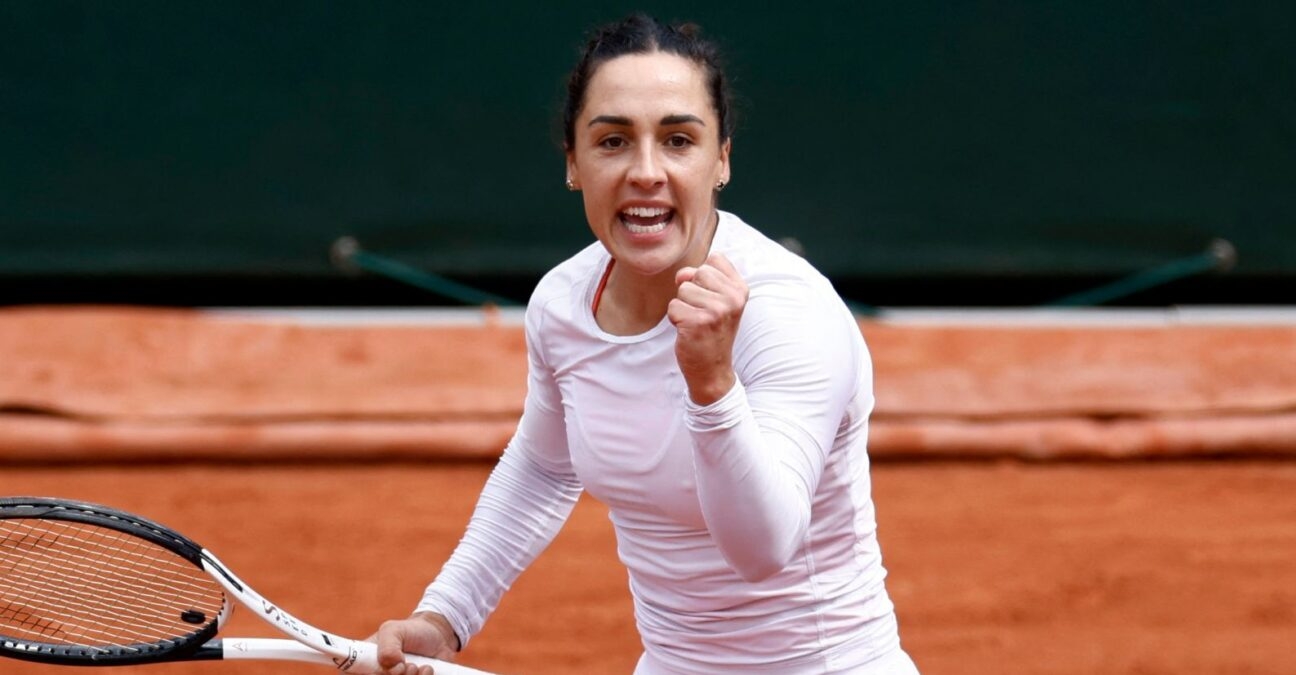 Italy's Martina Trevisan reacts during her fourth round match against Belarus' Aliaksandra Sasnovich at the French Open