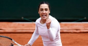 Italy's Martina Trevisan reacts during her fourth round match against Belarus' Aliaksandra Sasnovich at the French Open