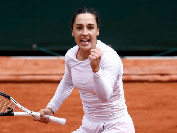 Italy's Martina Trevisan reacts during her fourth round match against Belarus' Aliaksandra Sasnovich at the French Open