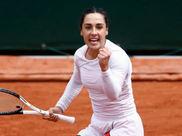Italy's Martina Trevisan reacts during her fourth round match against Belarus' Aliaksandra Sasnovich at the French Open