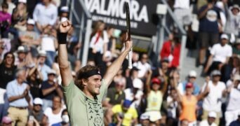 Greece's Stefanos Tsitsipas celebrates winning his second round match against Bulgaria's Grigor Dimitrov at the Italian Open