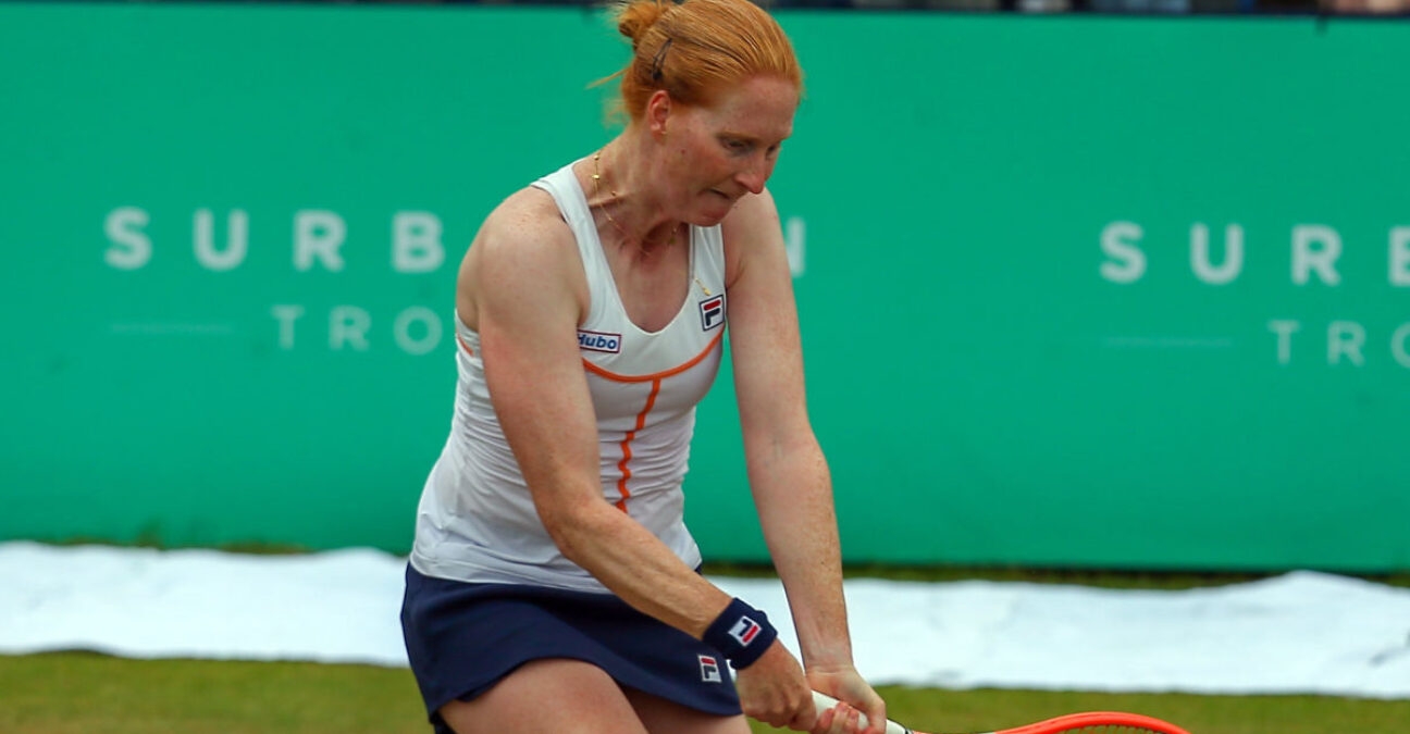 5th June 2022; Surbiton Racket & Fitness Club, Surbiton, London, England: Surbiton Trophy Tennis tournament, womens singles final: Arina Rodionova (AUS) versus Alison Van Uytvanck (BEL): Alison Van Uytvanck (BEL) plays a backhand back to Arina Rodionova (AUS) || 232781_0010 england FINAL Grass Court LAWN LONDON Singles SPORTING sports tennis trophy WOMENS