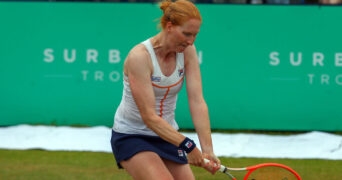 5th June 2022; Surbiton Racket & Fitness Club, Surbiton, London, England: Surbiton Trophy Tennis tournament, womens singles final: Arina Rodionova (AUS) versus Alison Van Uytvanck (BEL): Alison Van Uytvanck (BEL) plays a backhand back to Arina Rodionova (AUS) || 232781_0010 england FINAL Grass Court LAWN LONDON Singles SPORTING sports tennis trophy WOMENS