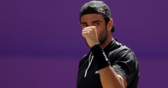 during his quarter final match against Tommy Paul of the U.S. at the Queen's Club Championships