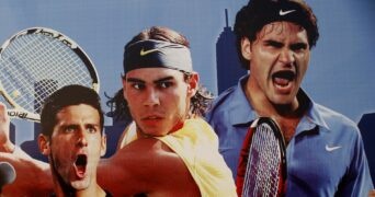 Big 3_Novak Djokovic, Rafael Nadal, Roger Federer on a poster at the Masters Cup in Shanghai in 2008