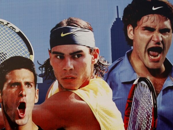 Big 3_Novak Djokovic, Rafael Nadal, Roger Federer on a poster at the Masters Cup in Shanghai in 2008