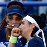 Serena Williams of the U.S. and Tunisia's Ons Jabeur after winning their double quarter final match at the Eastbourne International