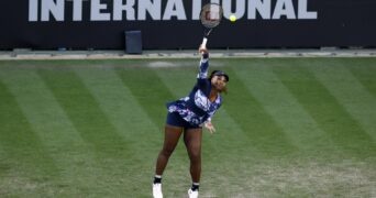 Serena Williams of the U.S. in action during her doubles quarter final match at Eastbourne International
