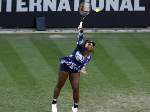 Serena Williams of the U.S. in action during her doubles quarter final match at Eastbourne International