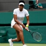 Venus Williams of the U.S. in action during her second round match against Tunisia's Ons Jabeur at Wimbledon in 2021