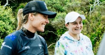 Ash Barty and Seven-time WSL Champion Stephanie Gilmore at the Rip Curl Pro Bells Beach at Bells Beach, Victoria, Australia in April 2022