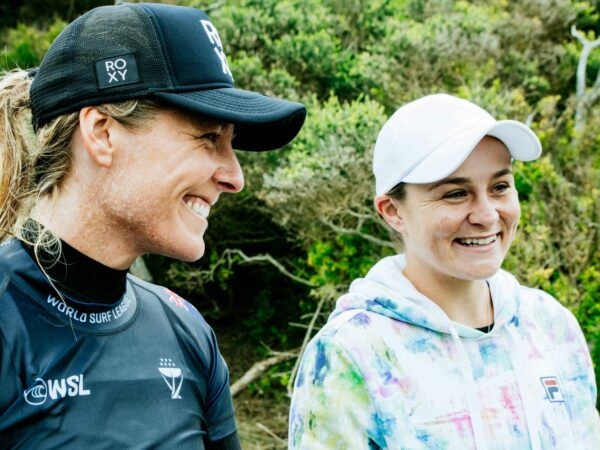 Ash Barty and Seven-time WSL Champion Stephanie Gilmore at the Rip Curl Pro Bells Beach at Bells Beach, Victoria, Australia in April 2022