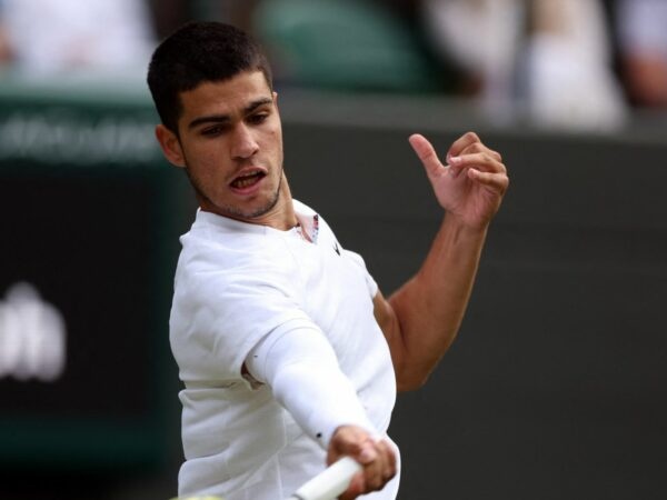 action during his third round match against Germany's Oscar Otte at Wimbledon 2022