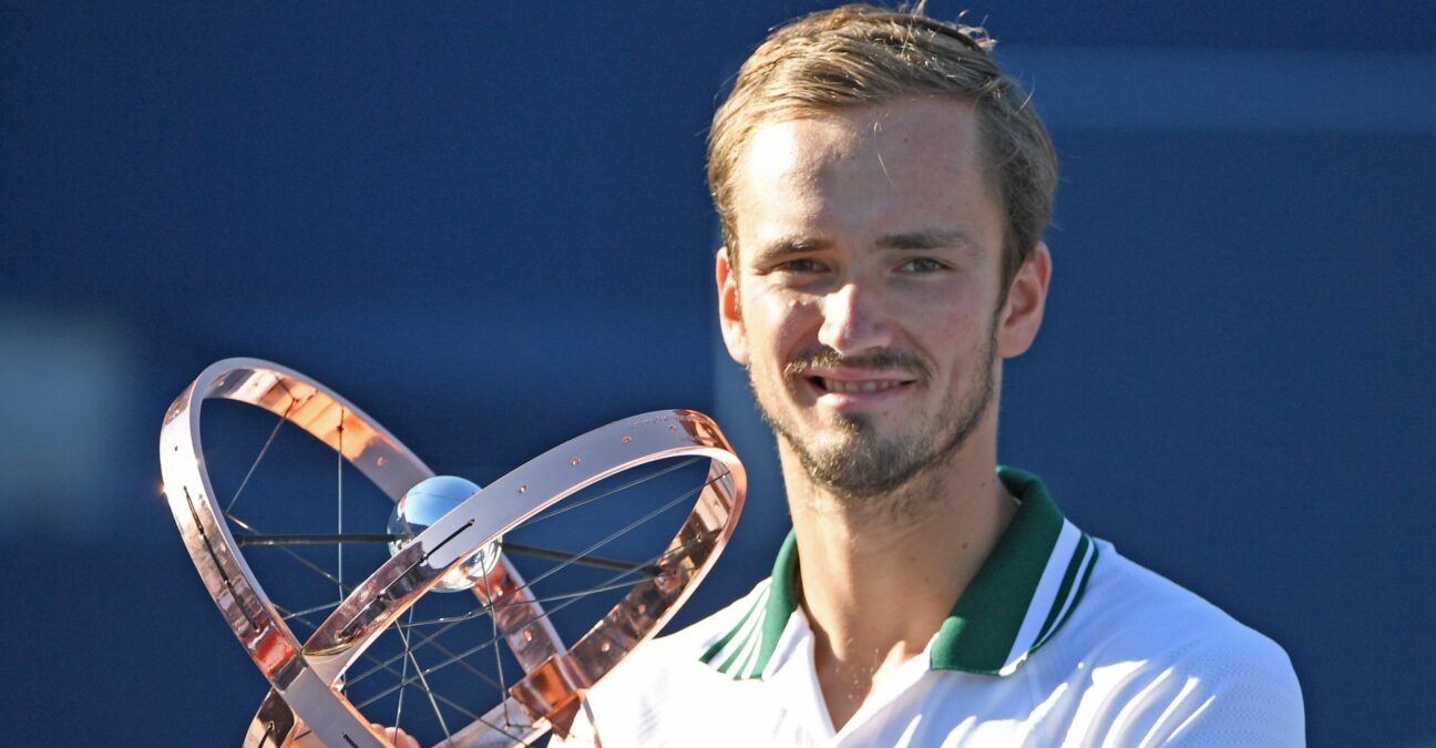 Daniil Medvedev of Russia poses with the trophy at the National Bank Open at Aviva Centre.