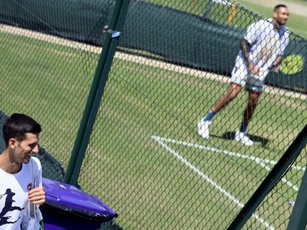 Djokovic and Kyrgios at the practice courts ahead of their Wimbledon final