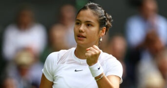 Emma Raducanu reacts during her second round match at Wimbledon 2022