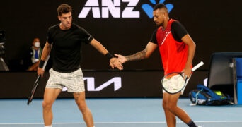 Australia's Nick Kyrgios and Thanasi Kokkinakis during the final of the 2022 Australian Open