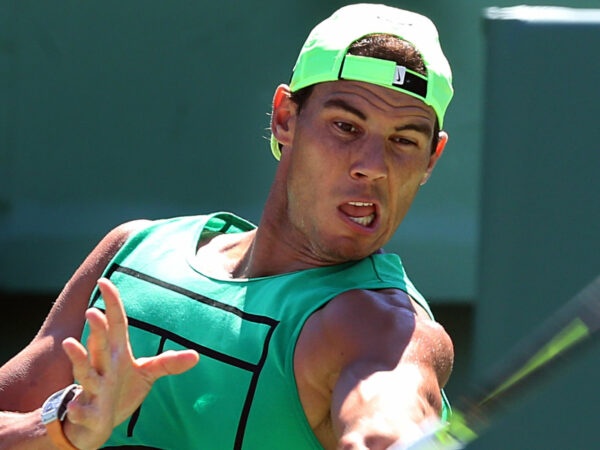 Rafael Nadal hits a return during a practice session for the Miami Open