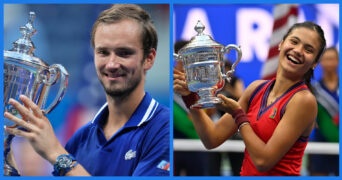 Daniil Medvedev and Emma Raducanu with the 2021 US Open trophies