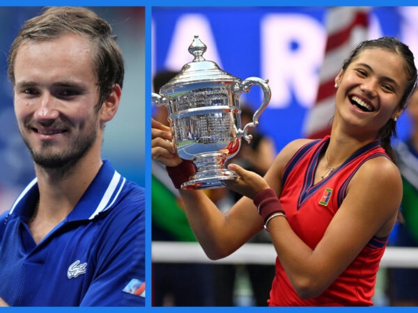 Daniil Medvedev and Emma Raducanu with the 2021 US Open trophies