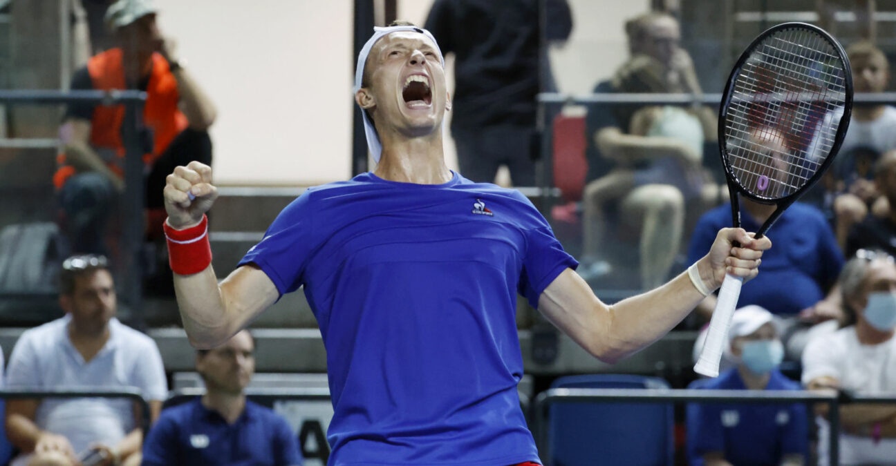 Czech Jiri Lehecka celebrates victory after the Davis Cup - World Group I match against Israel in Tel Aviv, Israel