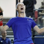 Czech Jiri Lehecka celebrates victory after the Davis Cup - World Group I match against Israel in Tel Aviv, Israel