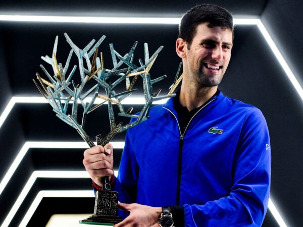 Novak Djokovic with the winner's trophy at the Paris Masters