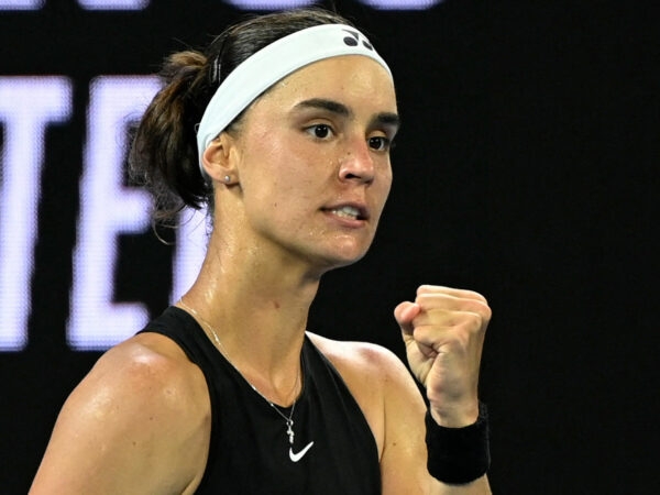 Anhelina Kalinina reacts during her second round match against Czech Republic's Petra Kvitova at the 2023 Australian Open